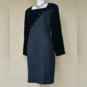 Vintage 80's Gillian Black Crushed Velvet Shift Long Sleeve Midi Dress Size 14